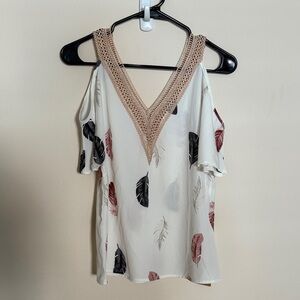 Chic Feather Print Cold Shoulder Blouse